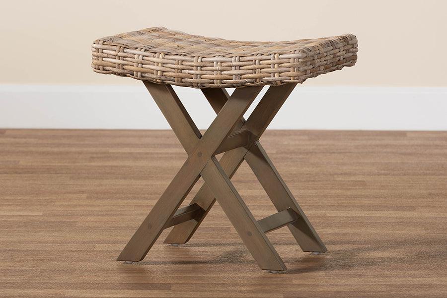 bali & pari Hayate Bohemian Grey Kubu Rattan and Mahogany Wood Ottoman Footstool FredCo