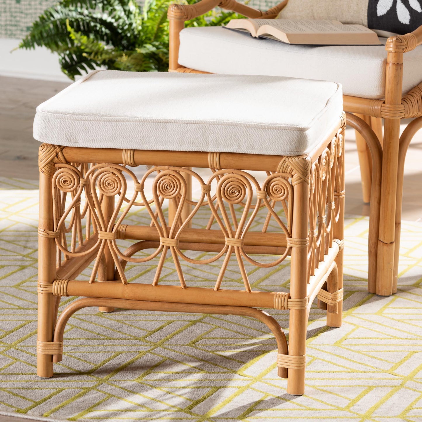 bali & pari Ibiza Modern bohemian Natural Brown Rattan Footstool FredCo