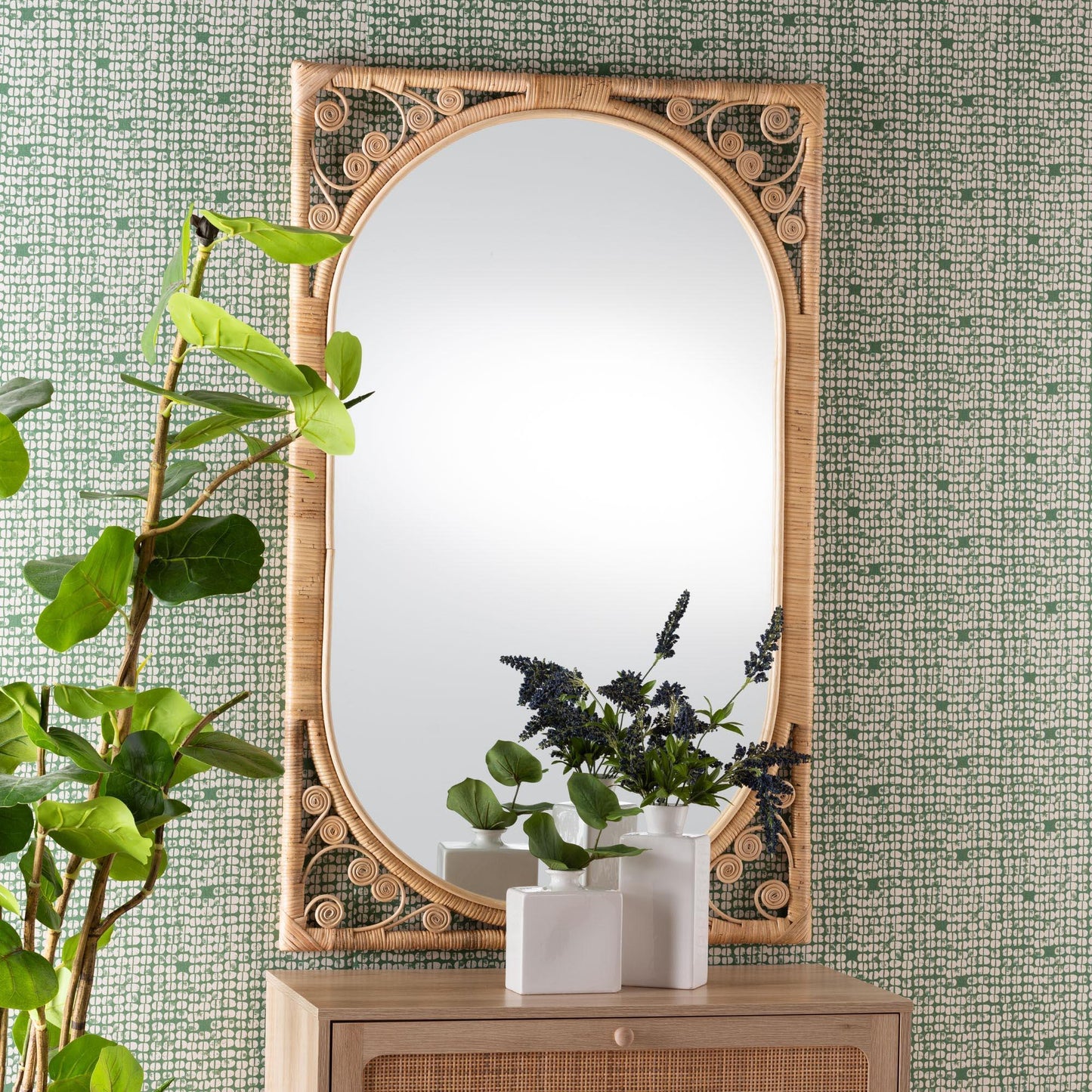 bali & pari Isley Modern Bohemian Natural Brown Rattan Accent Wall Mirror FredCo