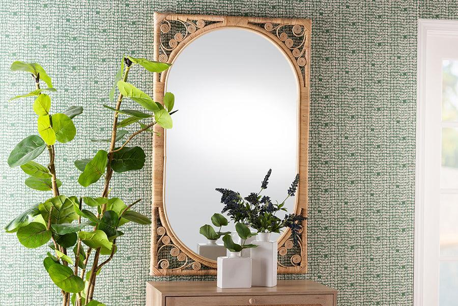 bali & pari Isley Modern Bohemian Natural Brown Rattan Accent Wall Mirror FredCo