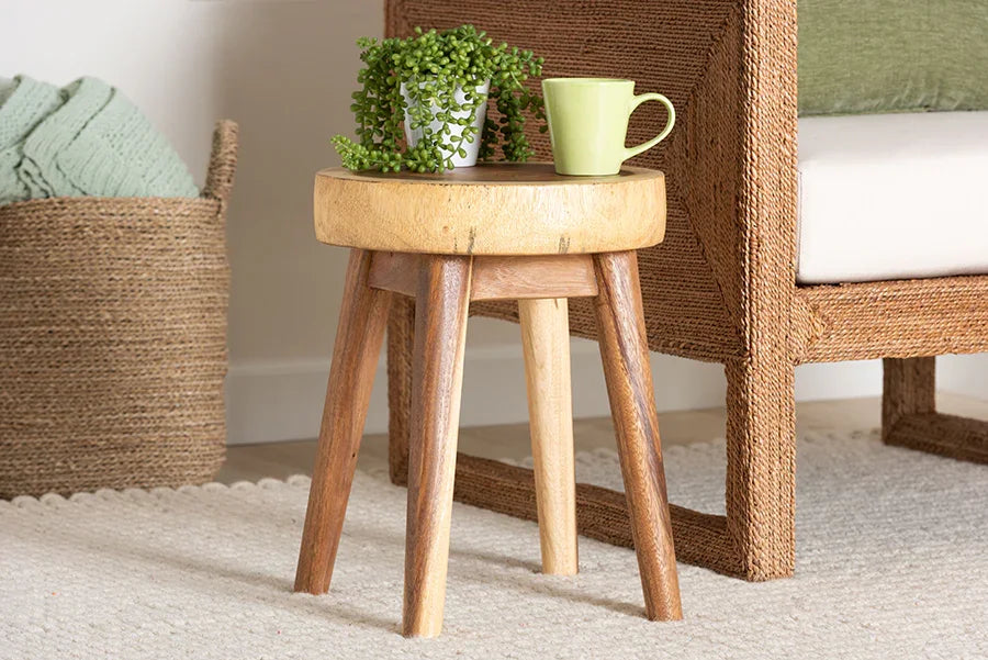 bali & pari Jia Suar Wood End Table - Handcrafted Side Table with Live Edge Round Top and Tapered Legs, Rustic Boho Accent Furniture for Living Room, Bedroom, or Patio FredCo