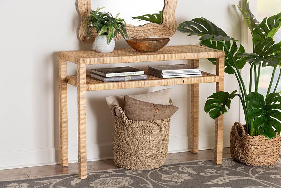 bali & pari Kalimantan Bohemian Light Honey Rattan and Acacia Wood Console Table FredCo