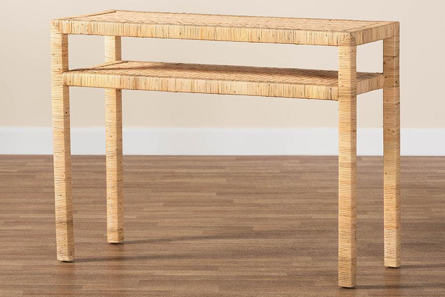 bali & pari Kalimantan Bohemian Light Honey Rattan and Acacia Wood Console Table FredCo