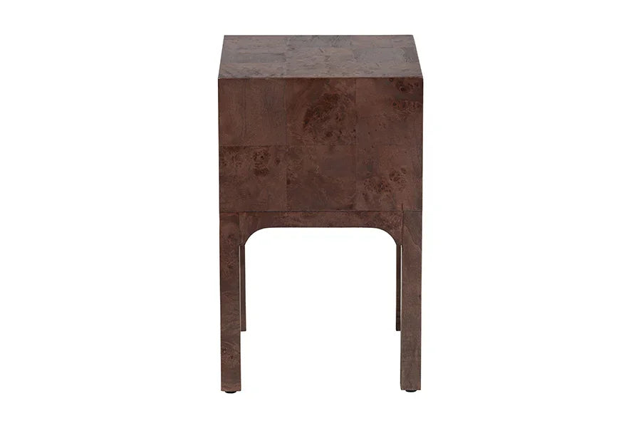 bali & pari Kayla Real Burl Wood Nightstand in Dark Walnut Brown - Modern Bedside Table with Two Drawers and Cutout Handle Design FredCo