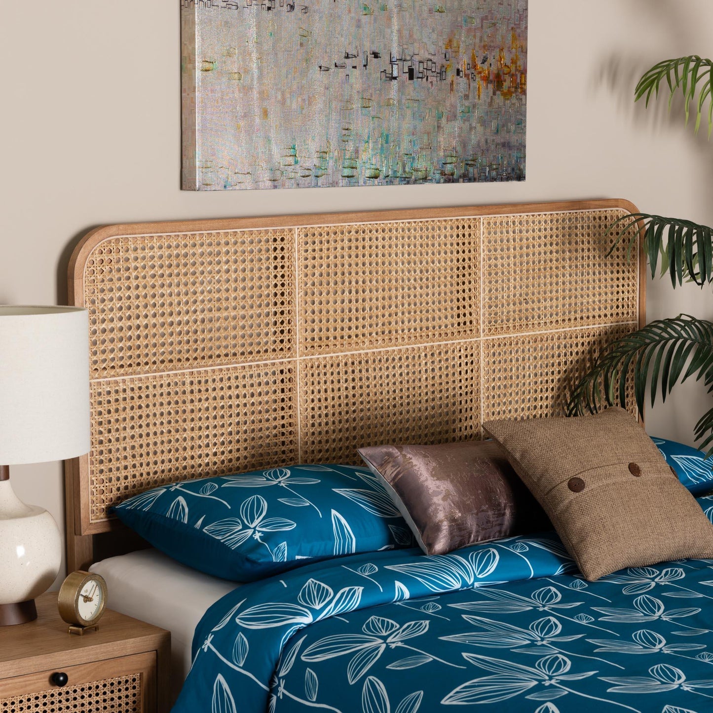 bali & pari Lainer Modern Bohemian Natural Brown Finished Bayur Wood and Rattan Queen Size Headboard FredCo