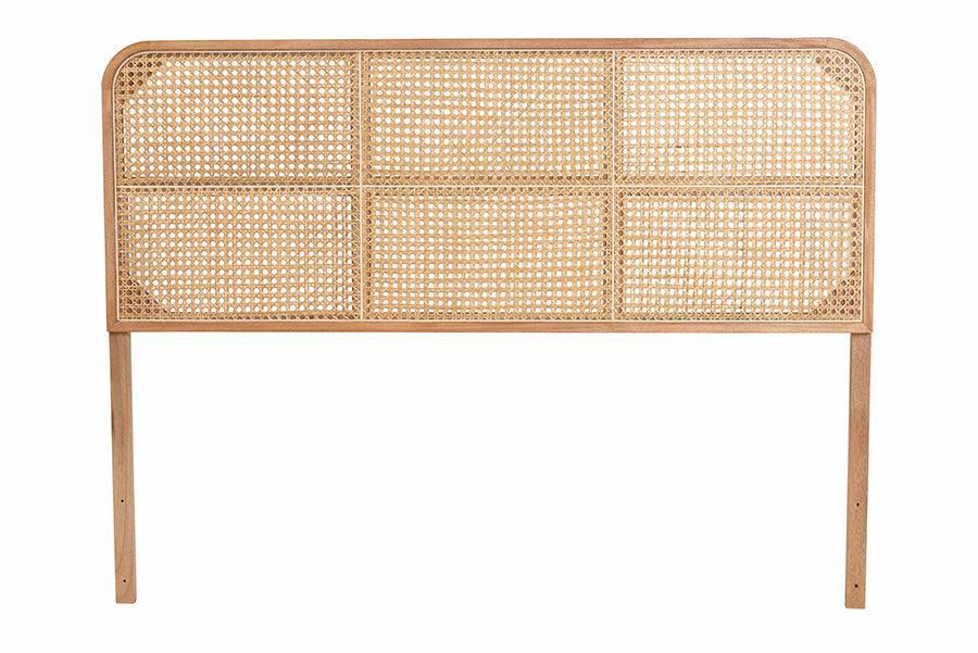 bali & pari Lainer Modern Bohemian Natural Brown Finished Bayur Wood and Rattan Queen Size Headboard FredCo