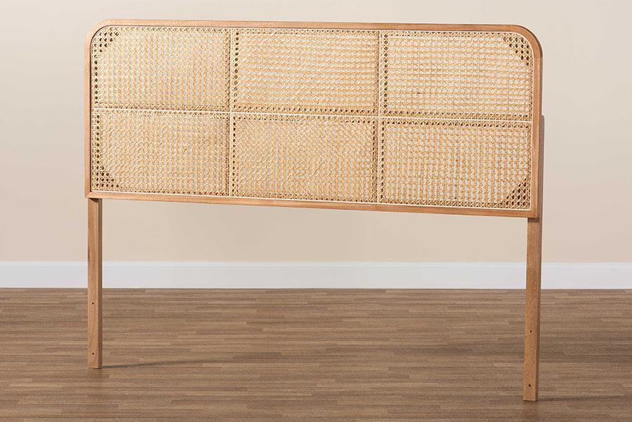 bali & pari Lainer Modern Bohemian Natural Brown Finished Bayur Wood and Rattan Queen Size Headboard FredCo