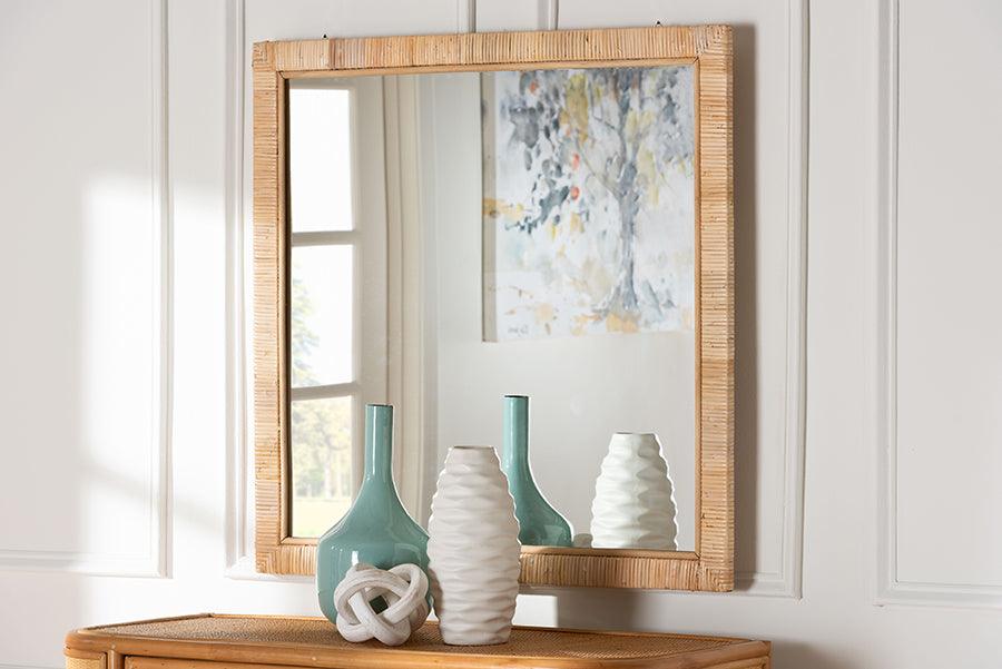 bali & pari Lankston Bohemian Natural Rattan Square Accent Wall Mirror FredCo