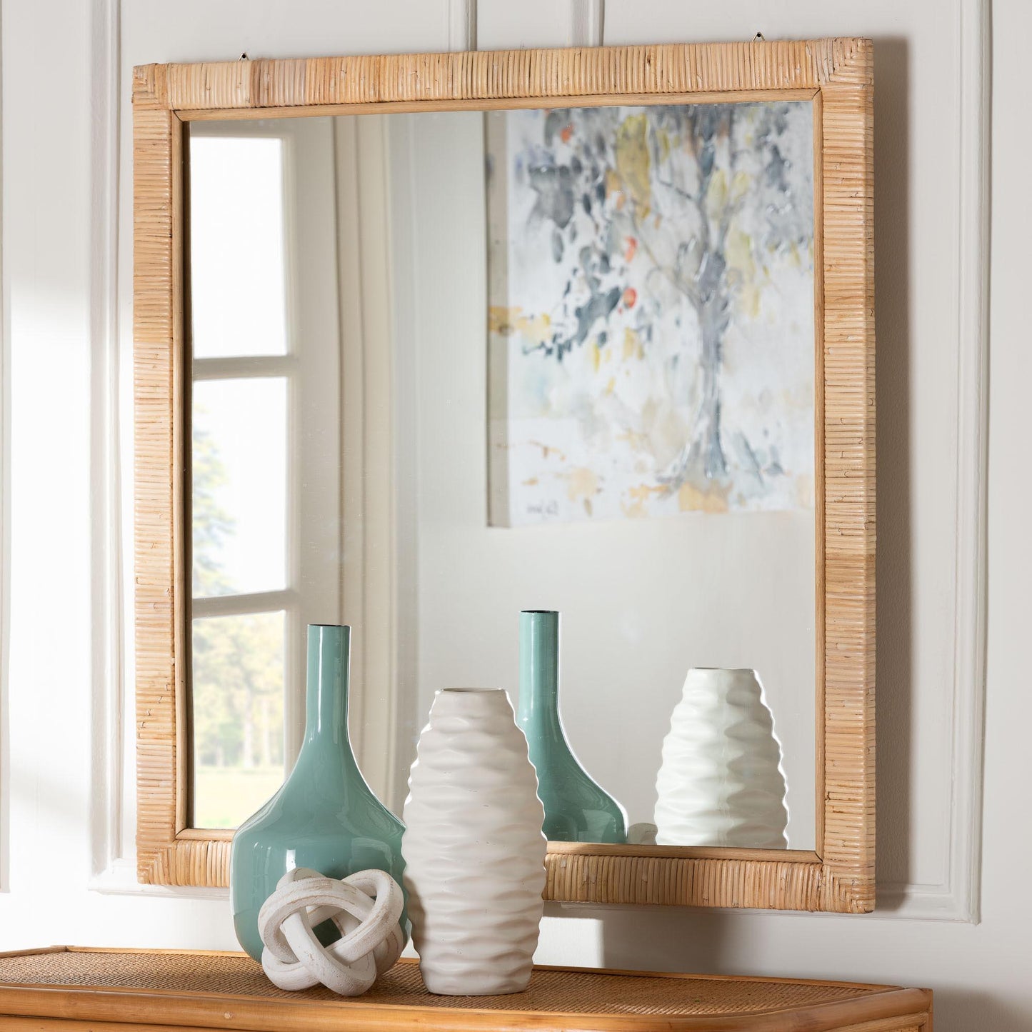 bali & pari Lankston Bohemian Natural Rattan Square Accent Wall Mirror FredCo