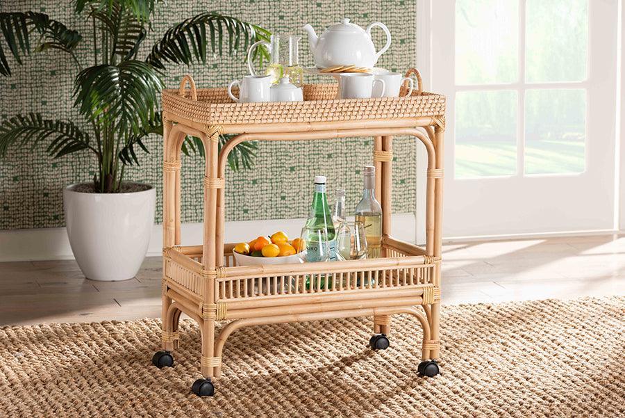 bali & pari Lombok Modern Bohemian Natural Brown Rattan Wine Cart FredCo