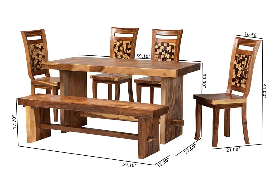 bali & pari Luan Suar Wood 6-Piece Dining Set - Handcrafted Rectangular Solid Wood Table with 4 Mosaic Backrest Chairs and Bench, Rustic Modern Kitchen or Dining Room Seating FredCo