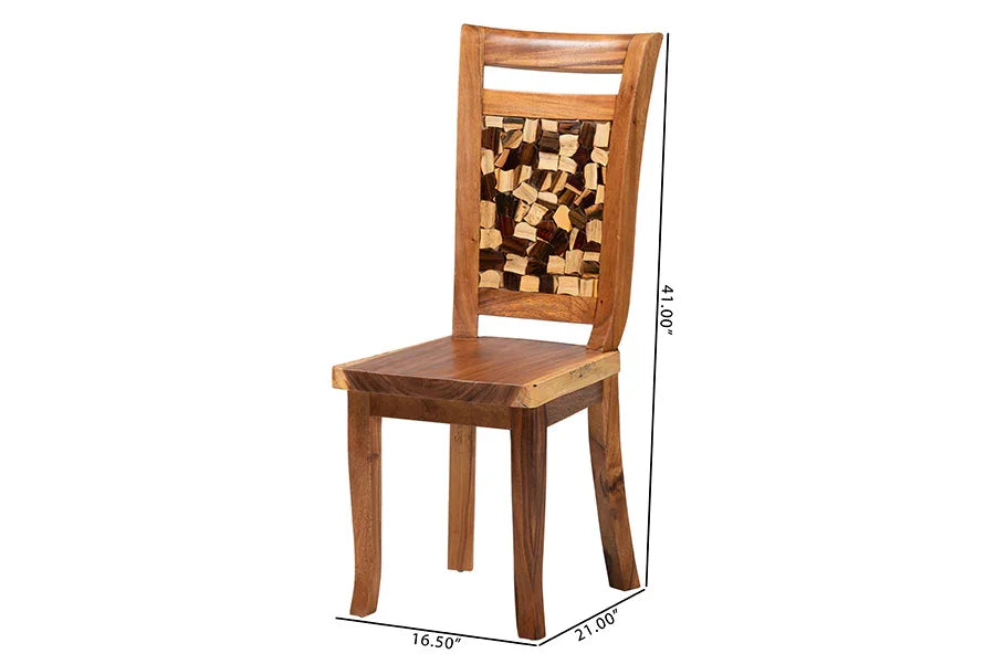 bali & pari Luan Suar Wood Dining Chair - Handcrafted Solid Wood Seat with Mosaic Backrest Inlay, Rustic Modern Accent Chair for Kitchen or Dining Room FredCo