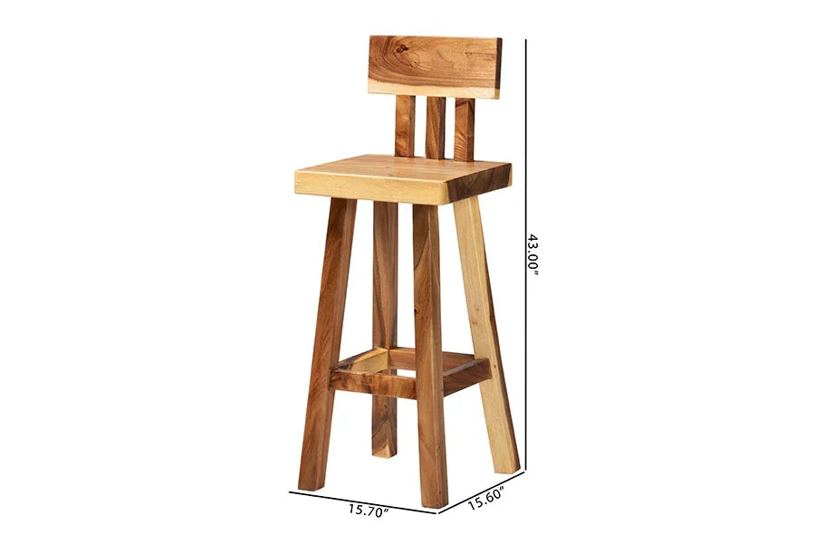 bali & pari Luli Suar Wood Bar Stool - Handcrafted Solid Wood Stool with Backrest, Rustic Modern Seating for Kitchen or Bar Area FredCo