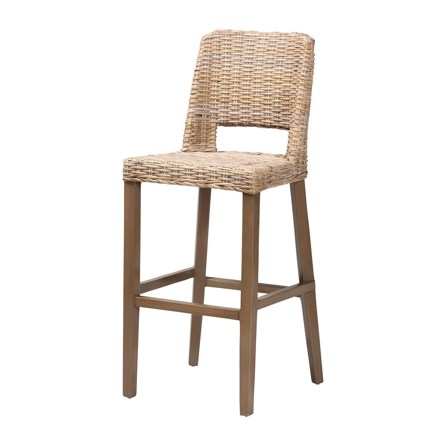 bali & pari Magy Modern Bohemian Grey Kubu Rattan and Mahogany Wood Bar Stool FredCo
