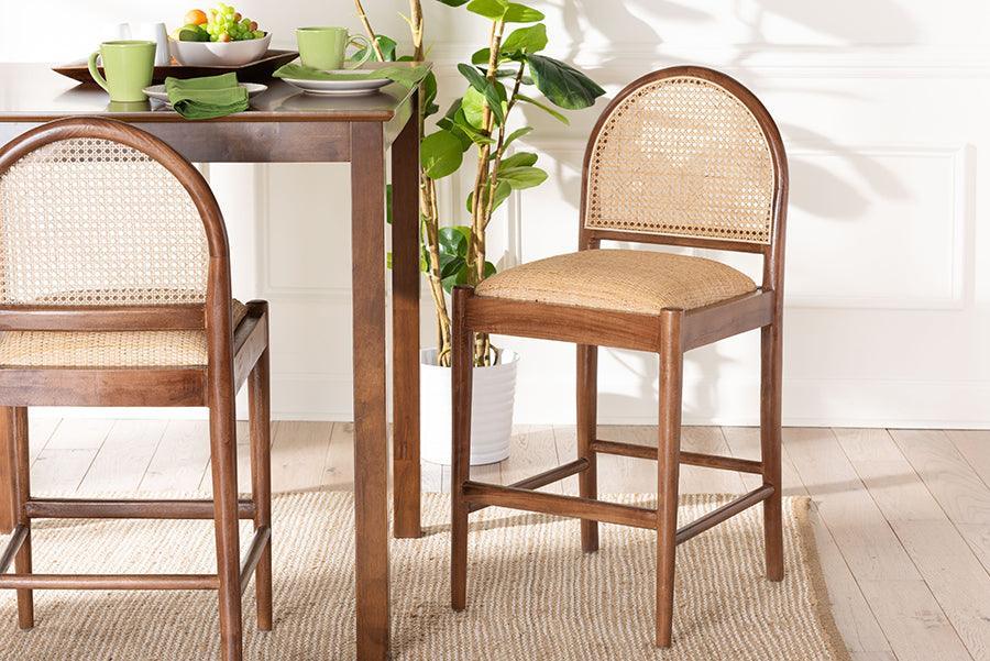 bali & pari Maryland Modern Bohemian Natural Rattan and Acacia Wood Counter Stool FredCo