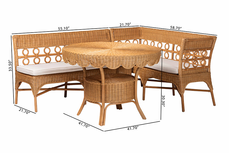 bali & pari Matilde Bohemian Light Honey Rattan 3-Piece Dining Nook Set FredCo