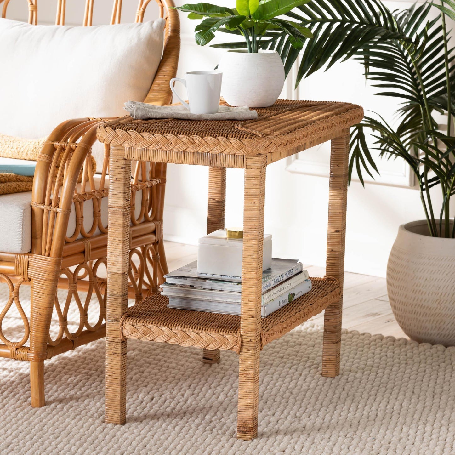 bali & pari Minahasa Bohemian Light Honey Braided Rattan Side Table FredCo