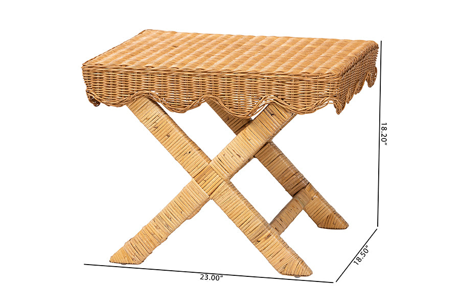 Wicker side table with X-shaped legs, scalloped edge, 23-inch wide, FredCo International furniture