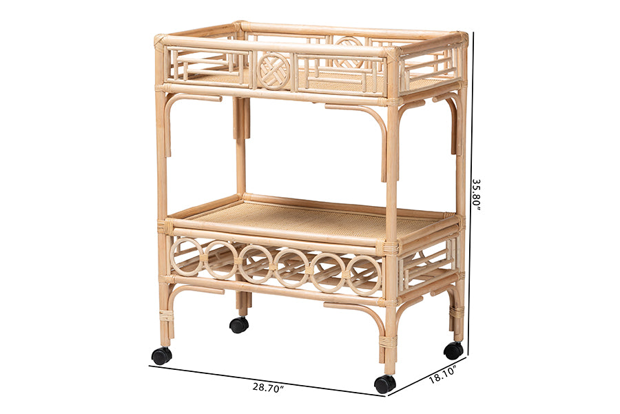 Natural rattan bar cart with geometric design, two shelves, caster wheels, and size dimensions
