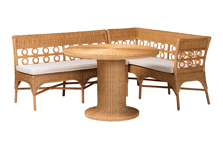 bali & pari Monica Bohemian Light Honey Rattan 3-Piece Dining Nook Set FredCo