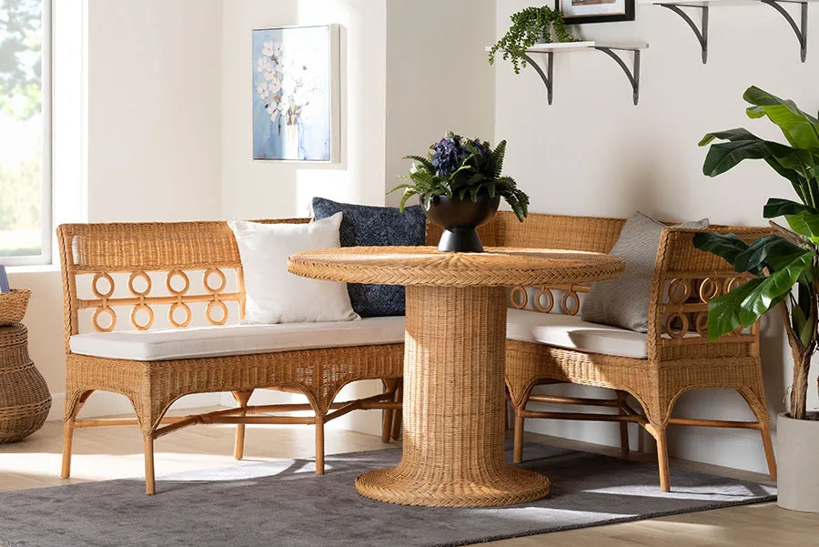 bali & pari Monica Bohemian Light Honey Rattan 3-Piece Dining Nook Set FredCo