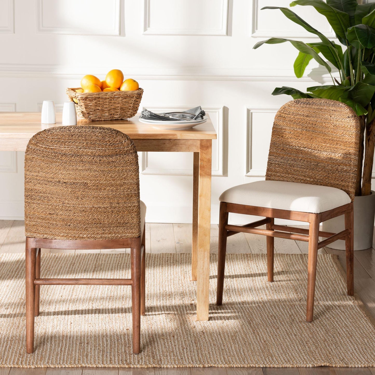 bali & pari Nadim Modern Bohemian Natural Seagrass and Acacia Wood 2-Piece Dining Chair Set FredCo