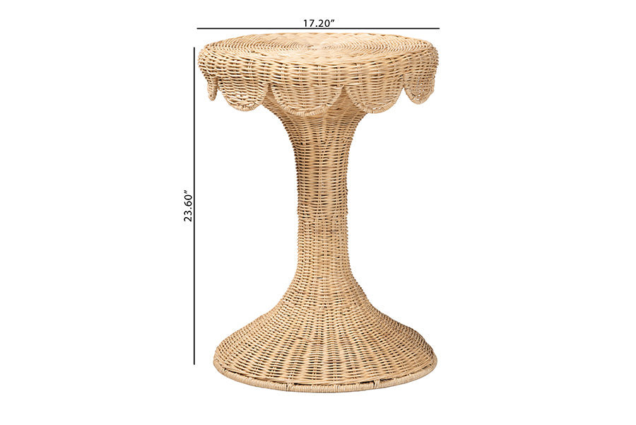 Natural wicker accent table with scalloped edge, 17.2 inch wide, 23.6 inch tall, home furniture