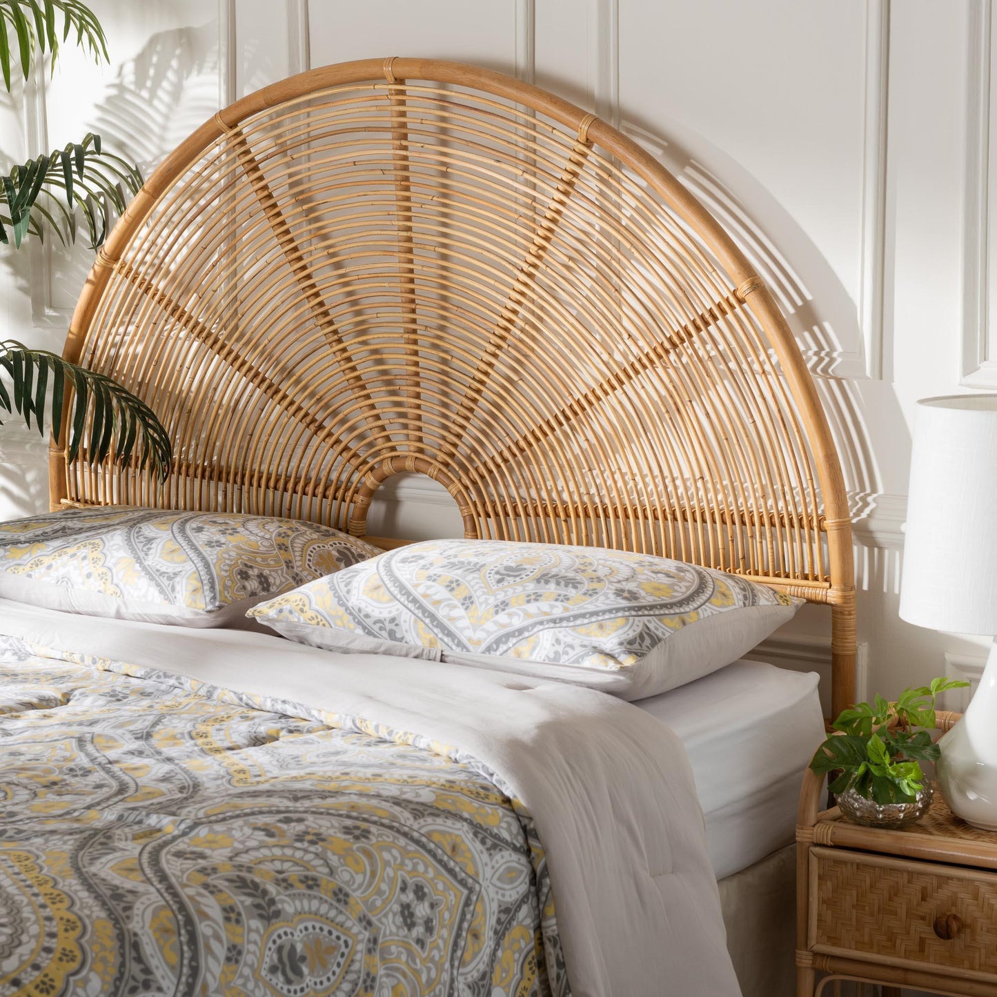 bali & pari Nina Modern Bohemian Honey Rattan Queen Size Standalone Headboard FredCo