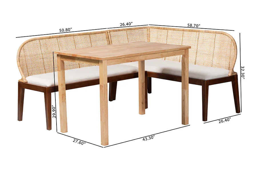 bali & pari Okinawa 3-Piece Dining Nook Set - L-Shaped Rattan Corner Benches with Cushions and Solid Wood Rectangular Table, Boho Coastal Breakfast Banquette for Kitchen or Dining Area FredCo