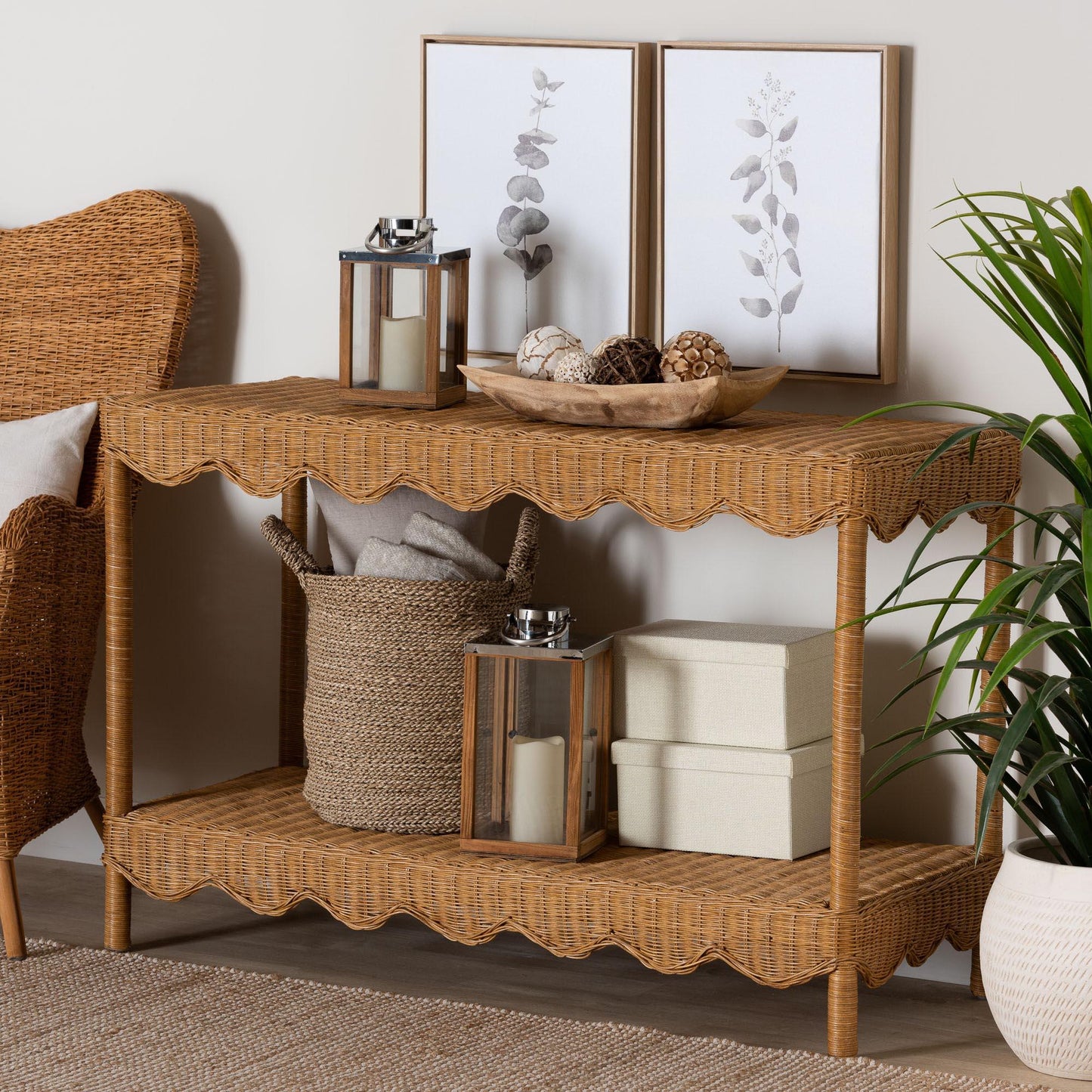 bali & pari Oteria Bohemian Light Honey Scalloped Rattan Console Table FredCo