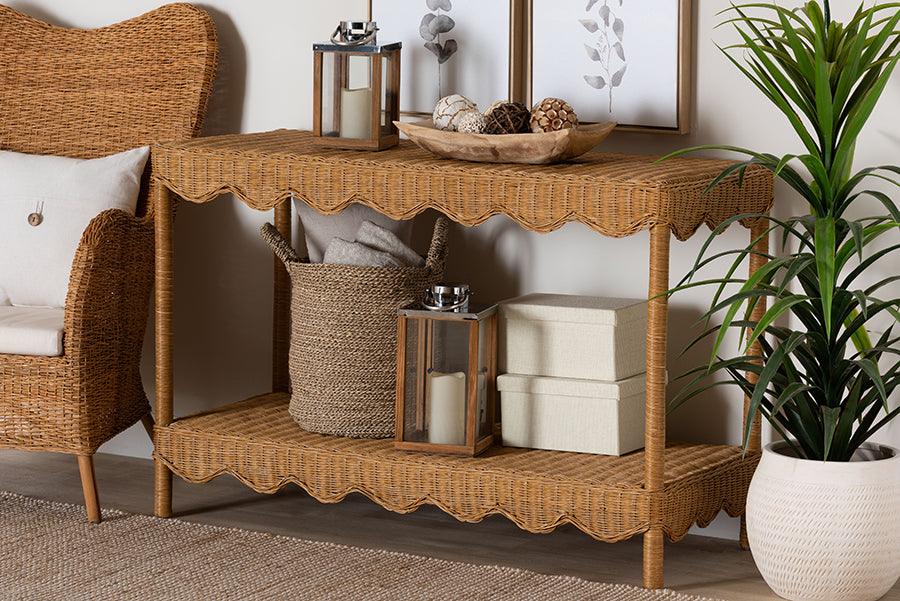 bali & pari Oteria Bohemian Light Honey Scalloped Rattan Console Table FredCo
