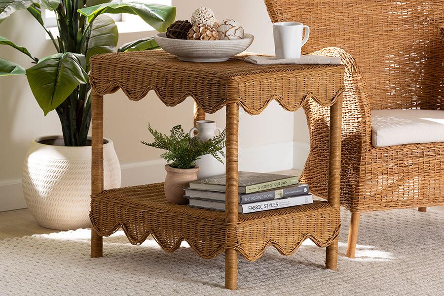 bali & pari Oteria Bohemian Light Honey Scalloped Rattan Side Table FredCo