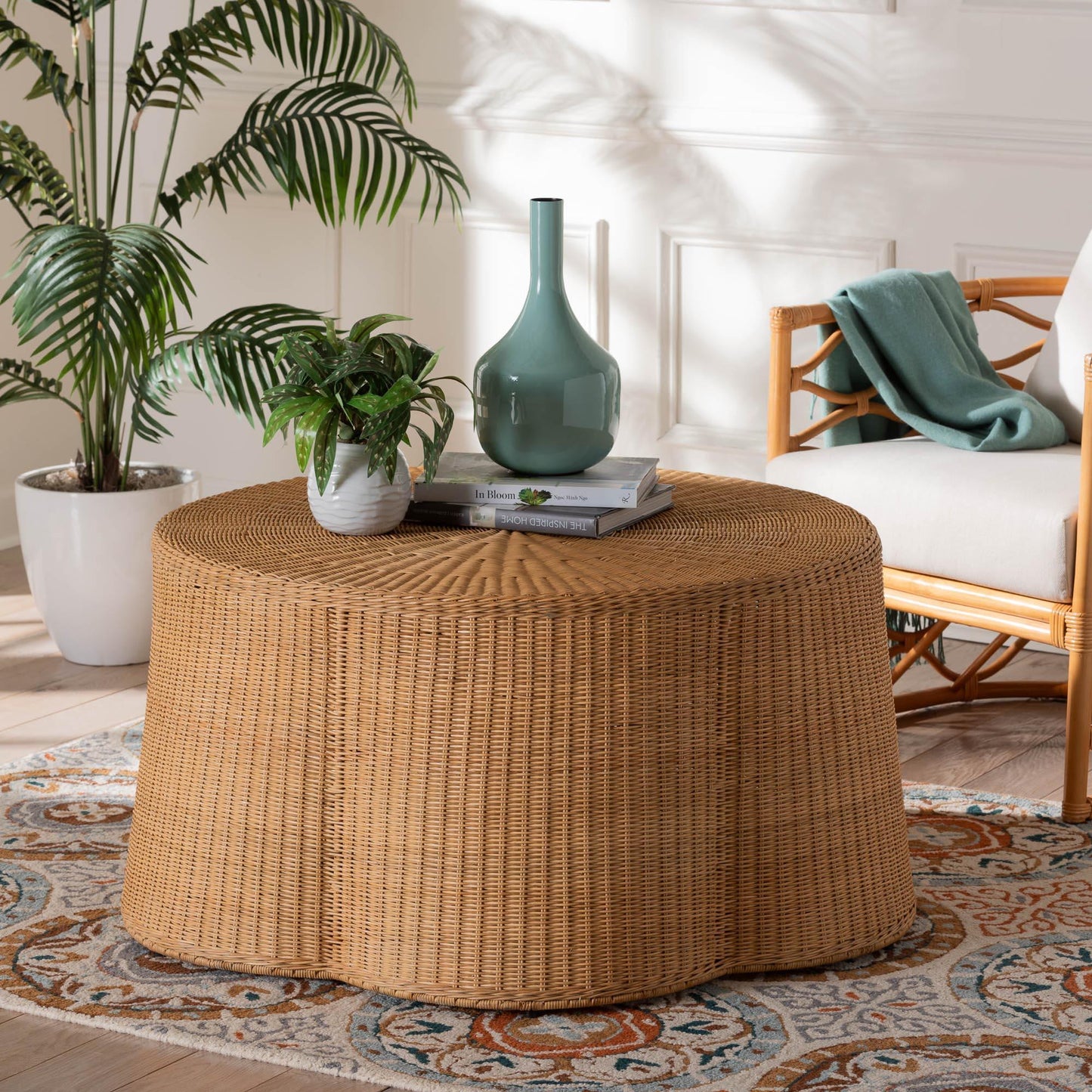 bali & pari Palm Bohemian Honey Scallop Rattan Coffee Table FredCo