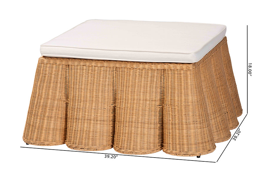 bali & pari Palm Scallop Natural Rattan Ottoman with Cushion - Handwoven Wicker Accent Bench or Footrest for Living Room, Bedroom, or Sunroom Decor, 35" Square FredCo