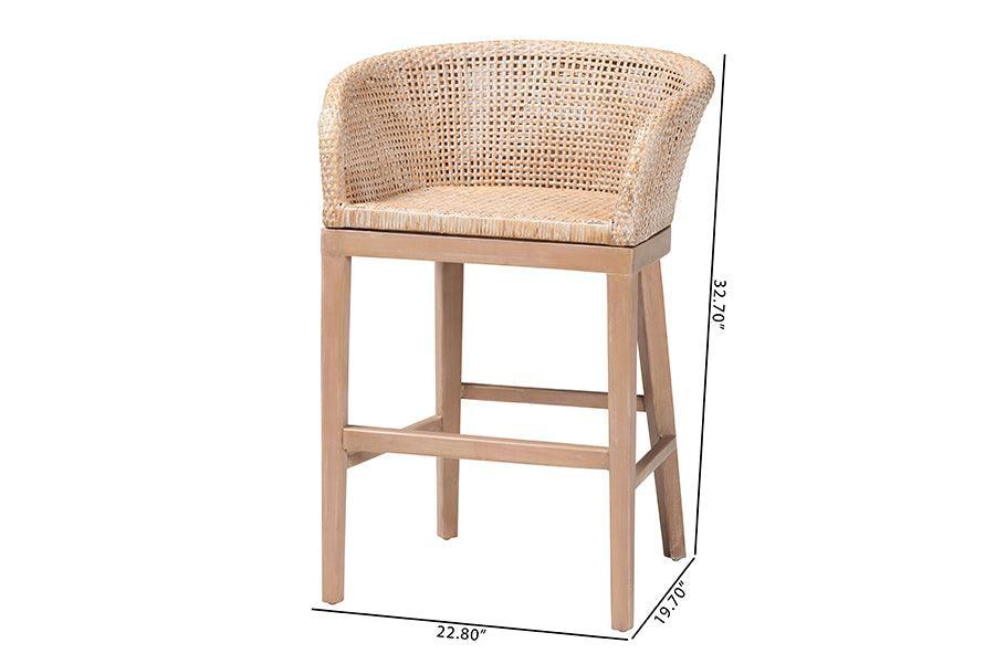 bali & pari Papua Modern Bohemian Antique White Washed Rattan and Mahogany Wood Counter Stool FredCo