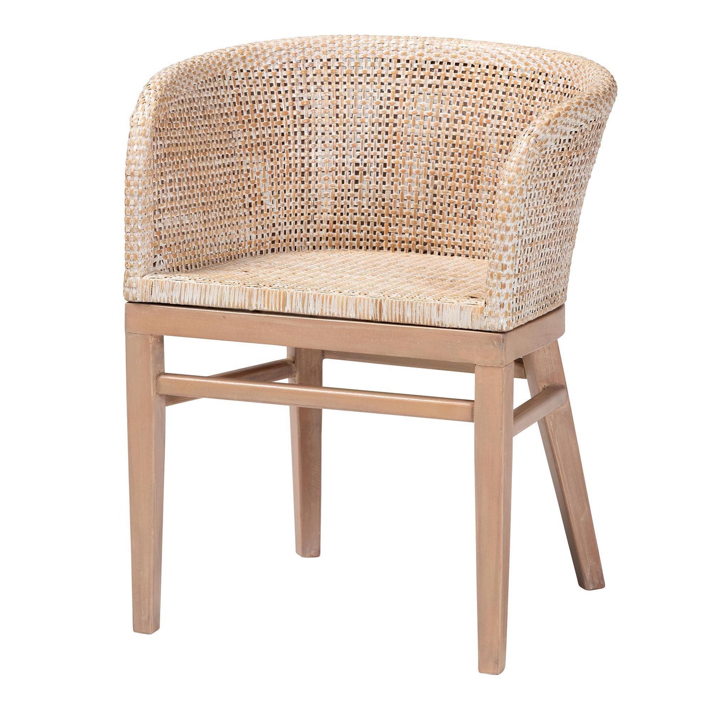 bali & pari Papua Modern Bohemian Antique White Washed Rattan and Mahogany Wood Dining Chair FredCo