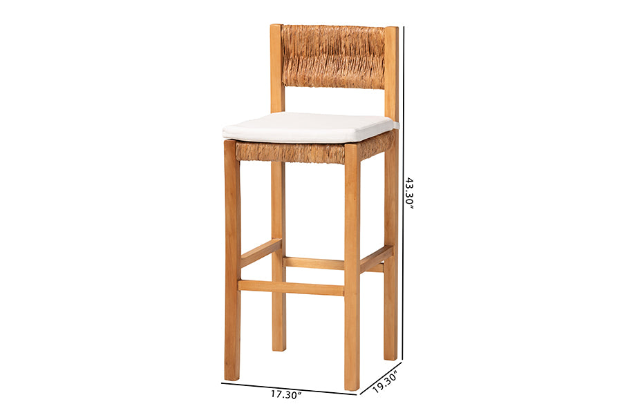 Natural wood bar stool with woven backrest, white cushion, and measurements visible