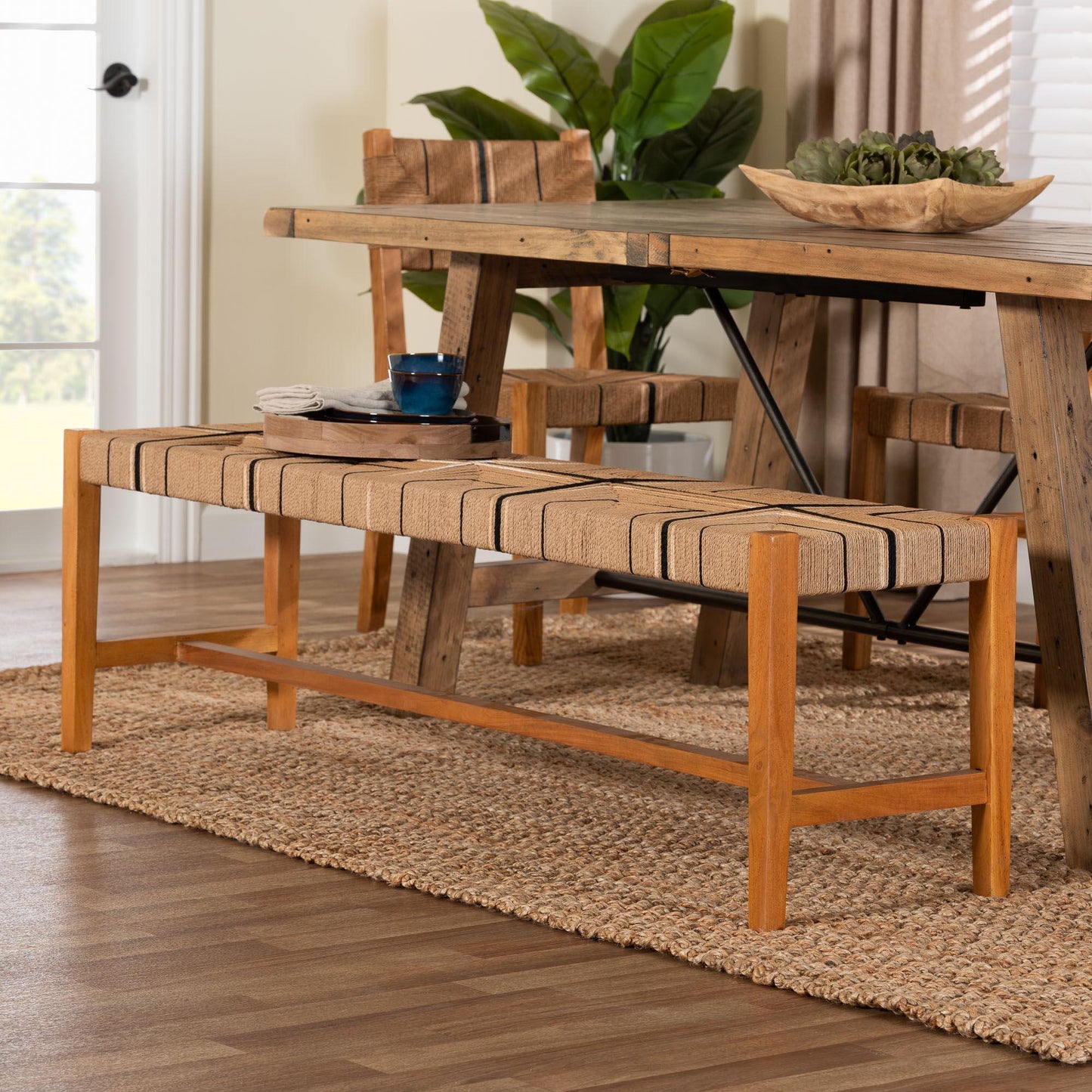 bali & pari Prita Bohemian Paper Loom and Natural Mahogany Wood Dining Bench FredCo