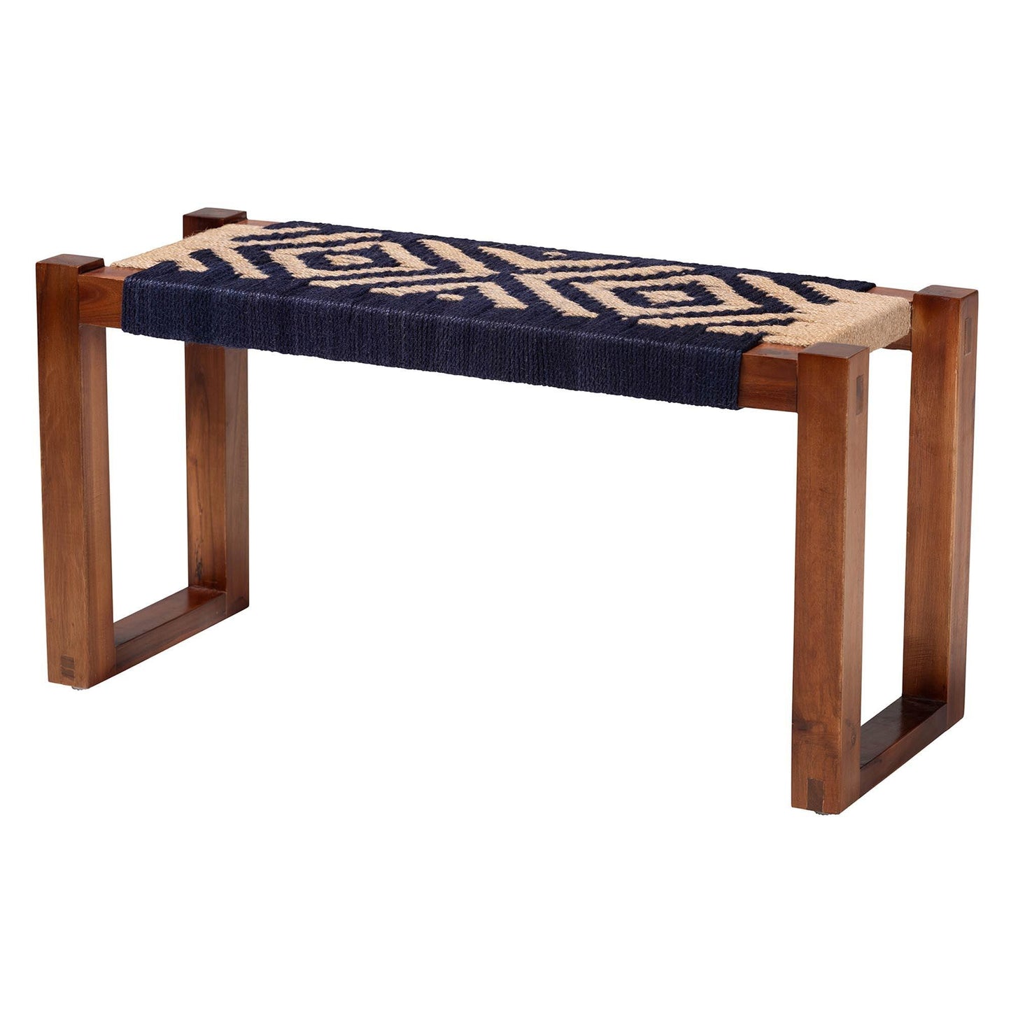 bali & pari Prunella Modern Bohemian Two-Tone Navy Blue and Natural Brown Seagrass and Acacia Wood Accent Bench FredCo