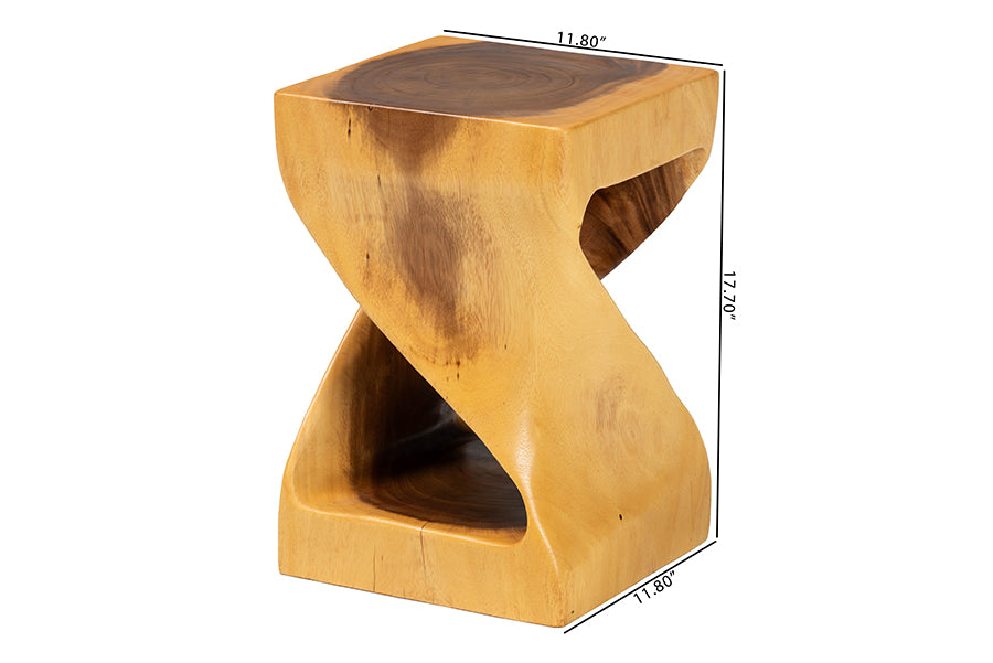 bali & pari Rapha Hand-carved Suar Wood Side Table with Shelf - Sculptural Accent Table with Twist Design, Modern Boho Style for Living Room or Bedroom FredCo