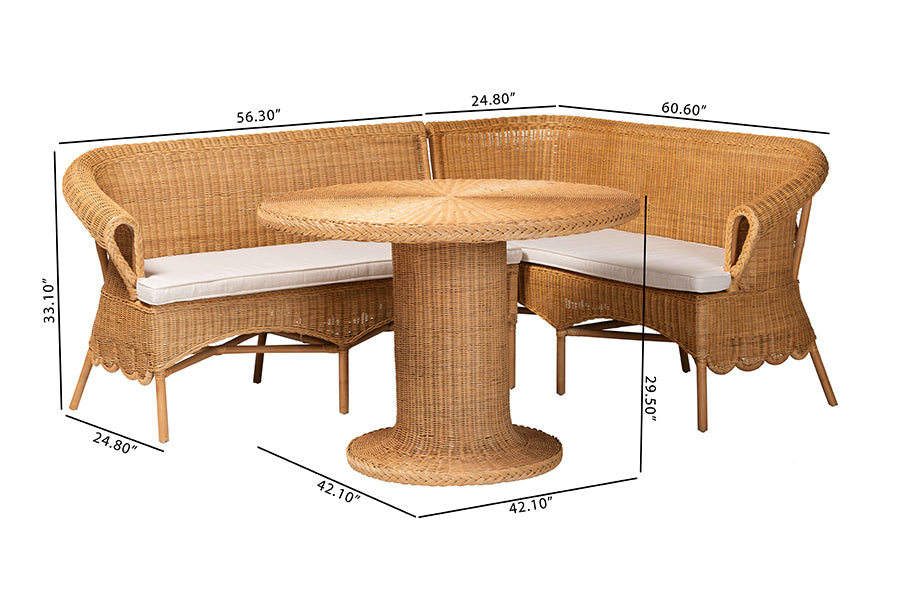 bali & pari Rashtin Bohemian Light Honey Rattan 3-Piece Dining Nook Set FredCo