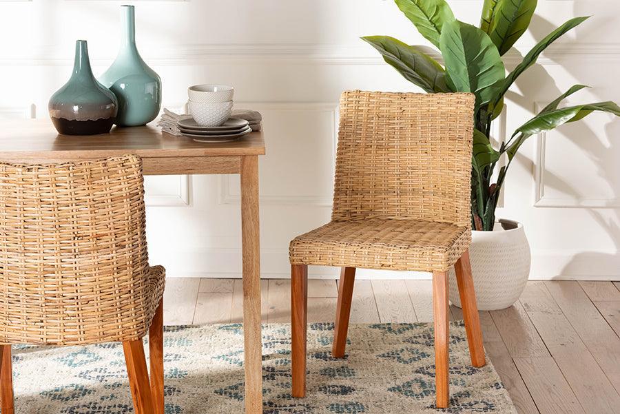 bali & pari Rowen Bohemian Light Honey Kubu Rattan and Mahogany Wood Dining Chair FredCo