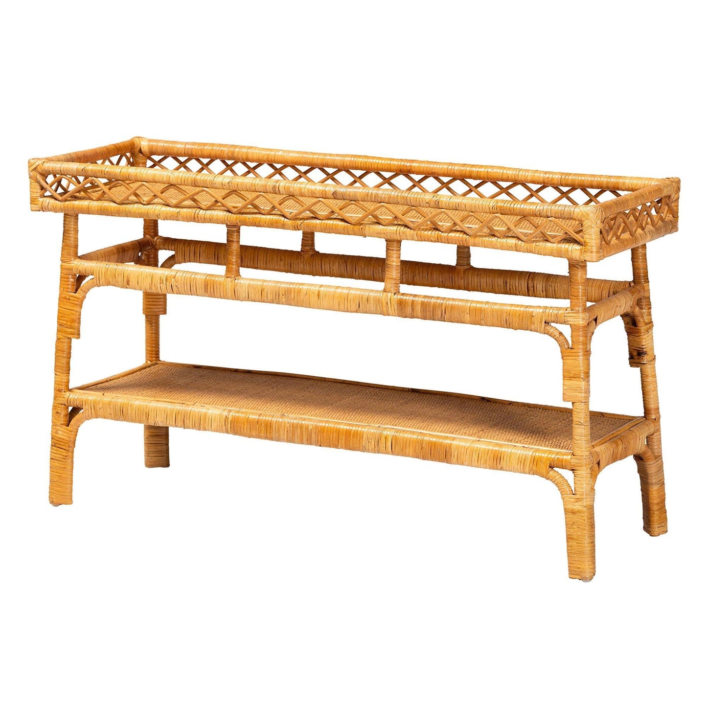 bali & pari Savitri Modern Bohemian Natural Rattan 2-Tier Console Table FredCo