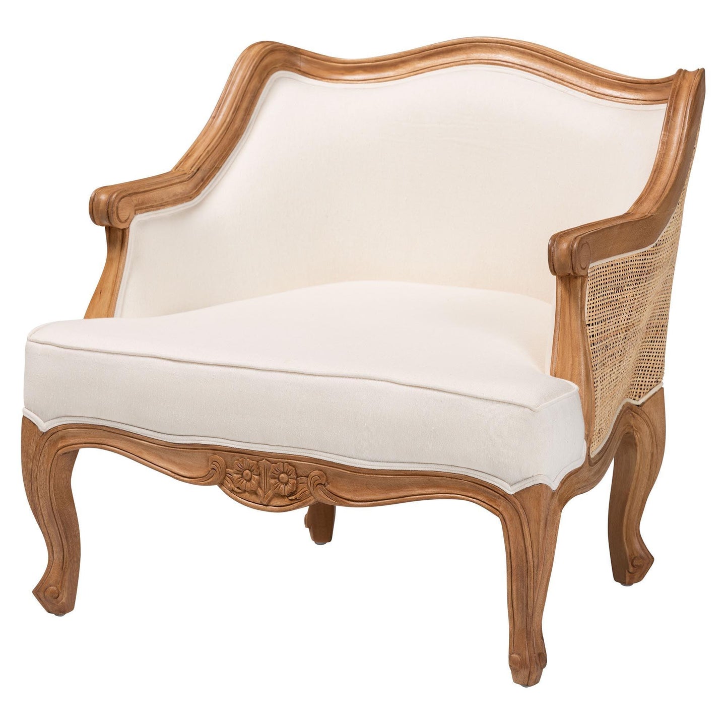 bali & pari Sylvestra Traditional French Beige Fabric and Honey Oak Finished Wood Low Seat Accent Chair FredCo
