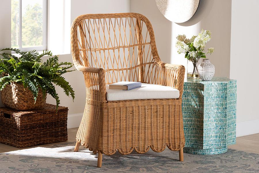 bali & pari Teresa Bohemian Light Honey Scalloped Rattan Arm Chair FredCo