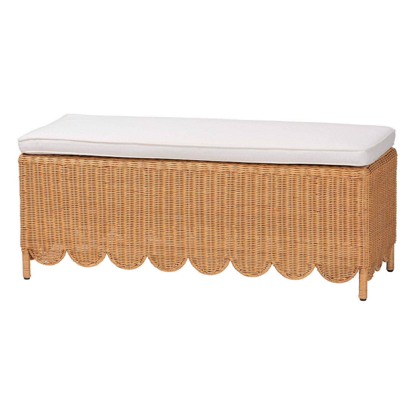 bali & pari Teresa Bohemian Light Honey Scalloped Rattan Ottoman Bench FredCo