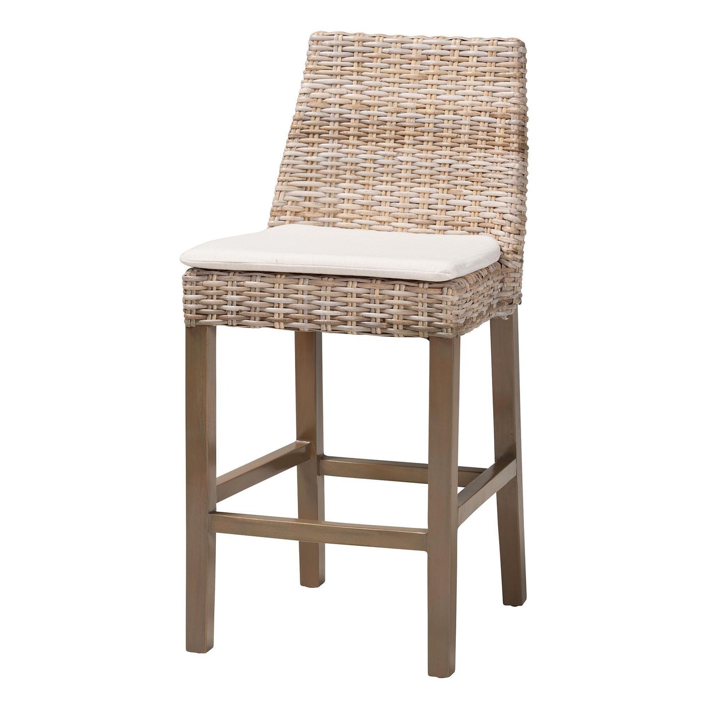 bali & pari Toby Modern Bohemian Grey Kubu Rattan and Rustic Taupe Finished Mahogany Wood Counter Stool FredCo