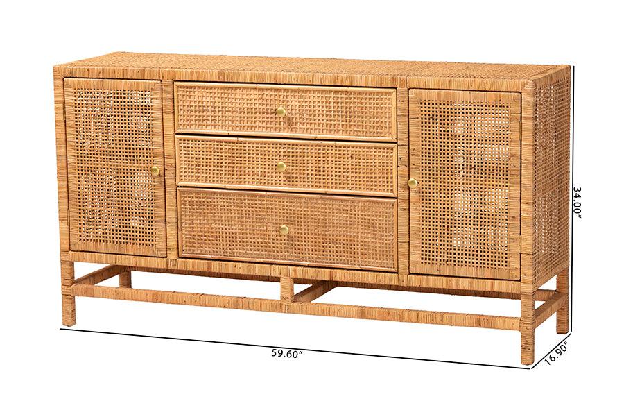 bali & pari Vivan Bohemian Honey Rattan and Mahogany Wood 3-Drawer Storage Cabinet FredCo