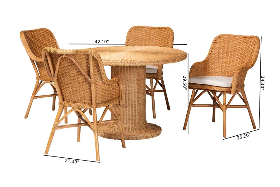 bali & pari Wistan 5-Piece Rattan Dining Set - Round Wicker Table with Pedestal Base and 4 Armchairs, Handwoven Boho Coastal Style for Dining, Kitchen or Sun Room, Light Honey FredCo