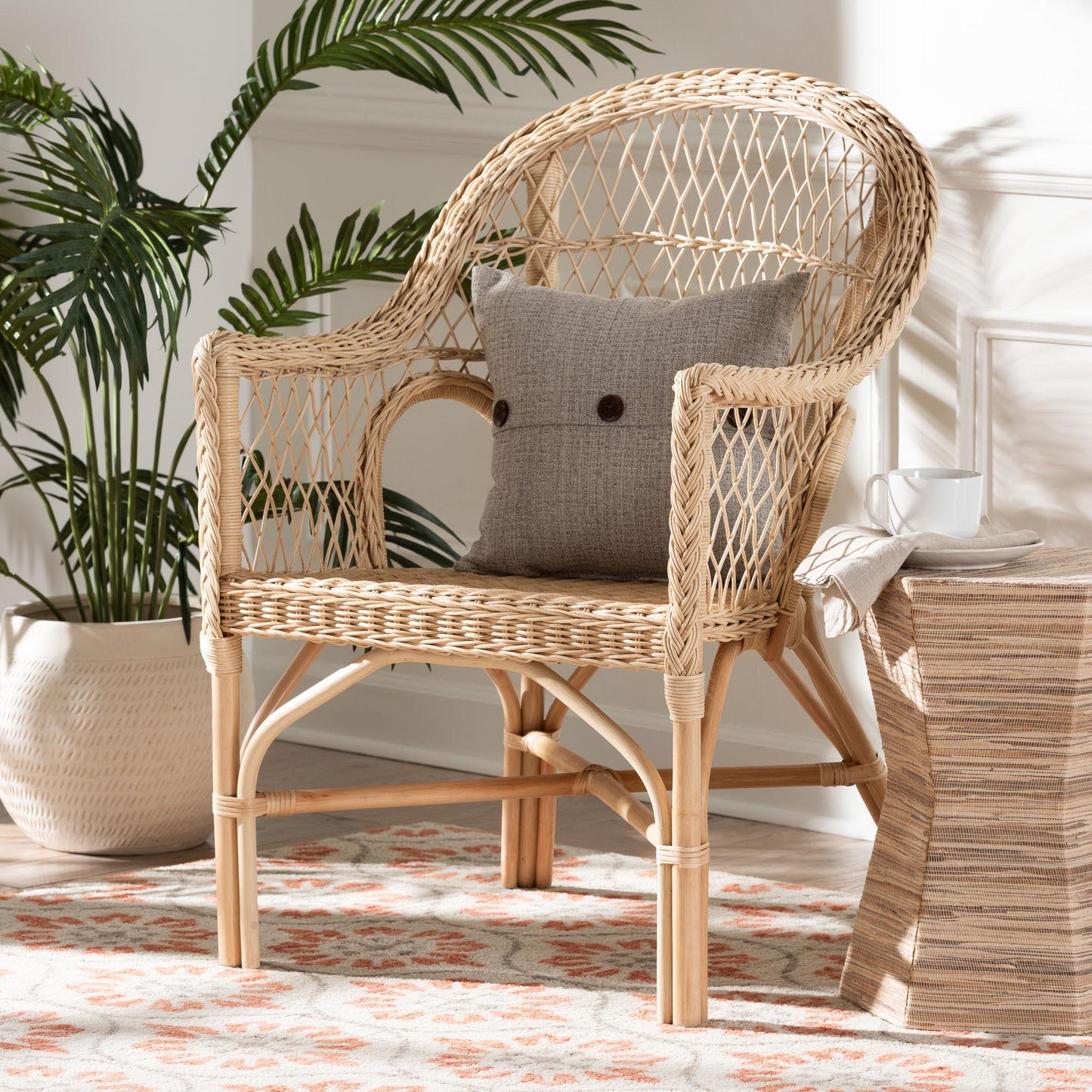 bali & pari Zaira Modern Bohemian Natural Rattan Arm Chair FredCo